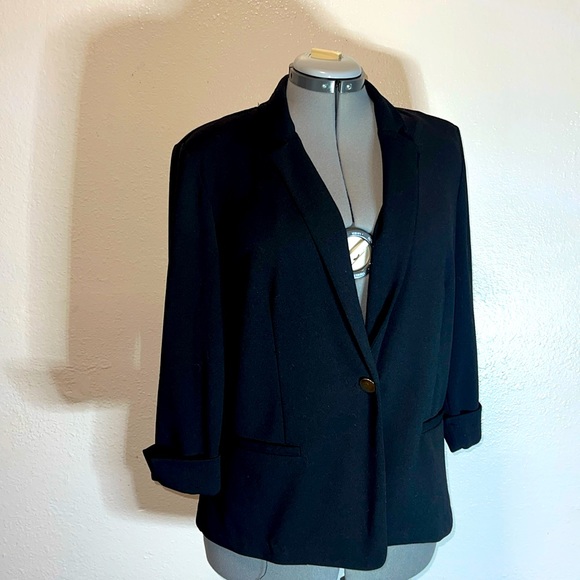 NYCC Black Blazer Single Button Jacket Women’s Size LARGE Rolled 3/4 Sleeves - Picture 12 of 12